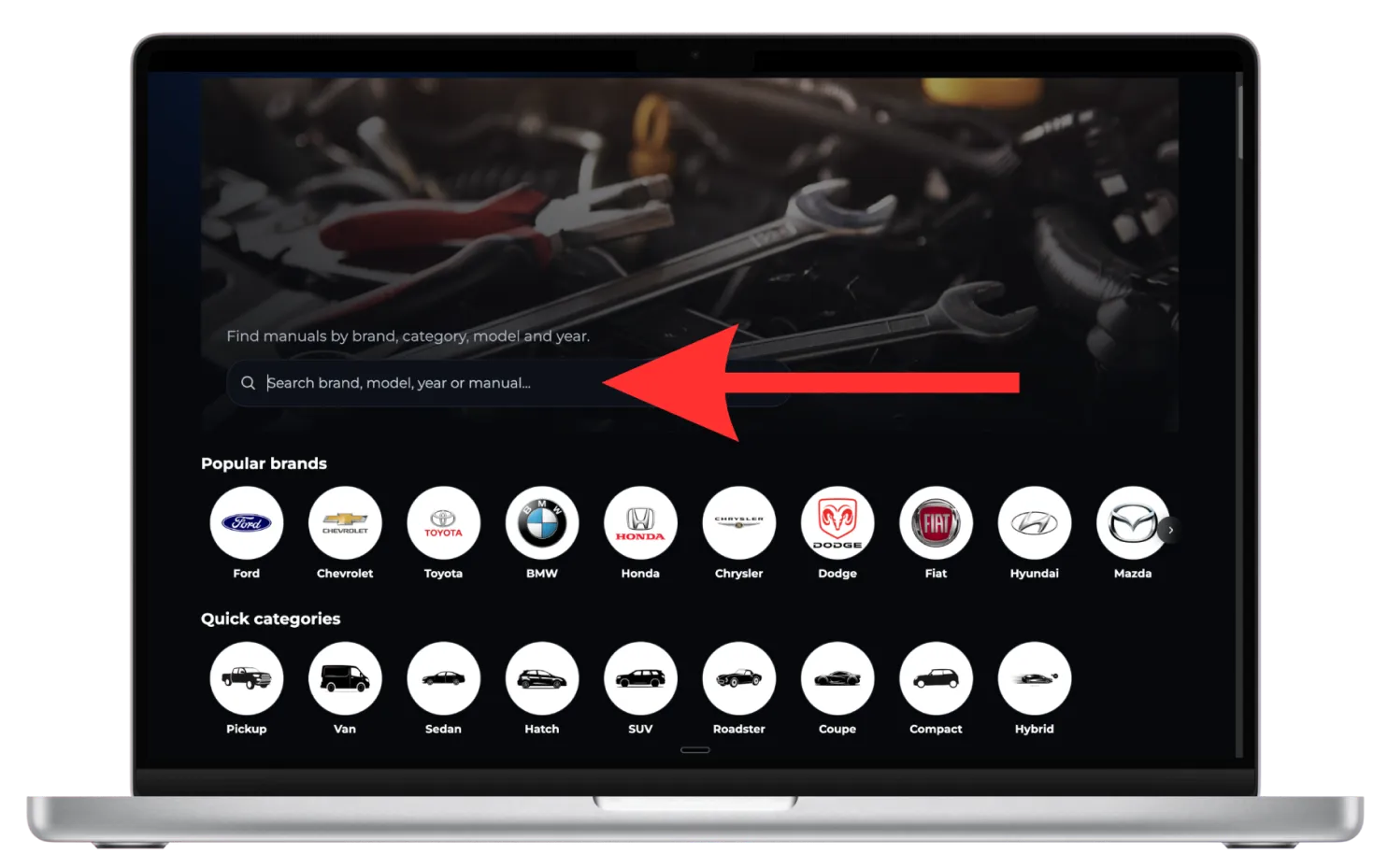 Search for a vehicle by brand, category, model and year